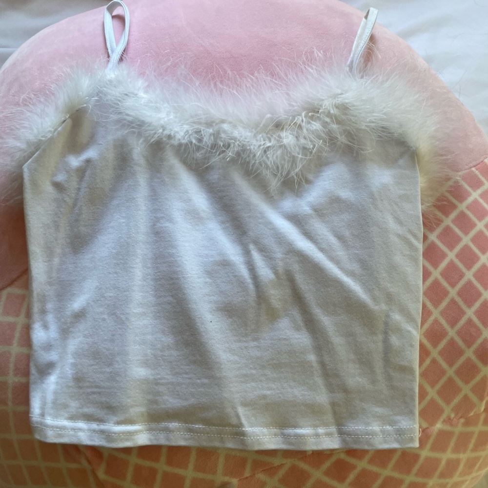 White faux fur trimmed camisole top